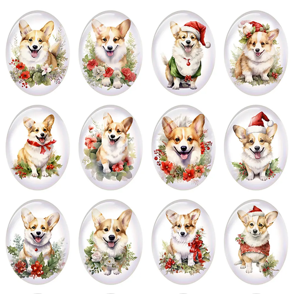 10pcs/lot Christmas X-mas Winter Dog Puppy Pets Oval Photo Glass Cabochon Charms Flatback Demo Cameo For Diy Jewelry Making