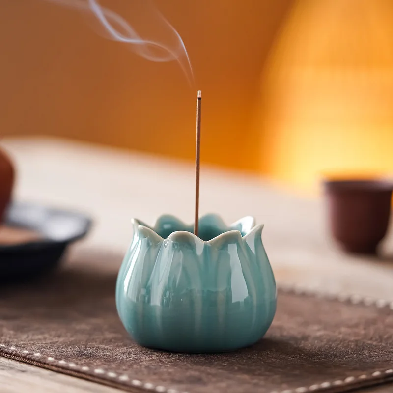 Celadon Sunflower‑Petal Small Incense Burner, Creative Ceramic Flower Incense Holder, Stick Incense Censer Home Fragrance Decor