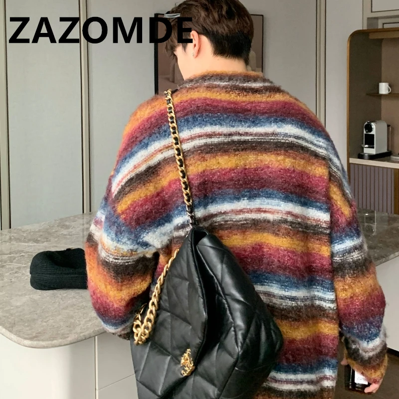 ZAZOMDE Winter Stripe Contrast Color Sweaters Men Autumn Loose Couple Cardigan Sweater Knit Fashion Brand Jumper Casual Clothes