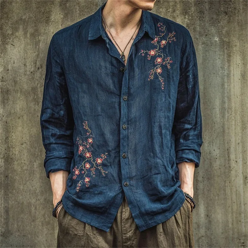 

New Men's Long Sleeve Linen Shirt New Spring Vintage Style Flower Loose Men's Casual Top Long Sleeve Shirt
