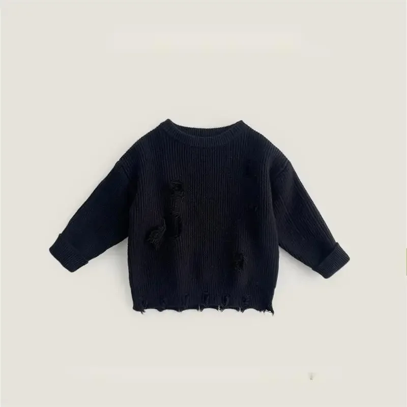 Sweaters Autumn Season New Sweater Korean Childrens Clothing Irregular Hole Fashionable Versatile Pullover Solid Knitting