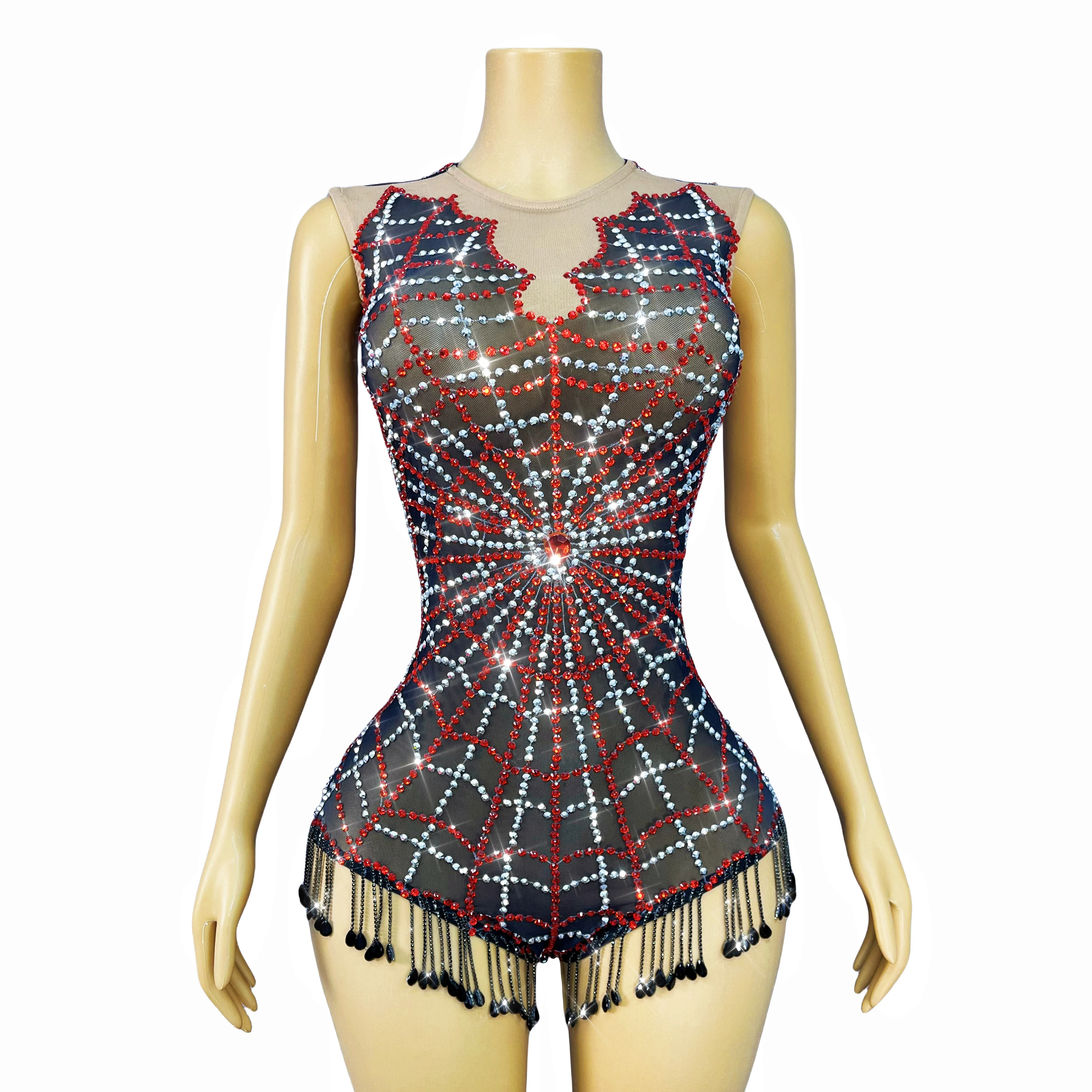 Moda teia de aranha projetada strass cintilantes malha garfos altos desempenho de halloween festa de férias celebrar roupa hongzhizh