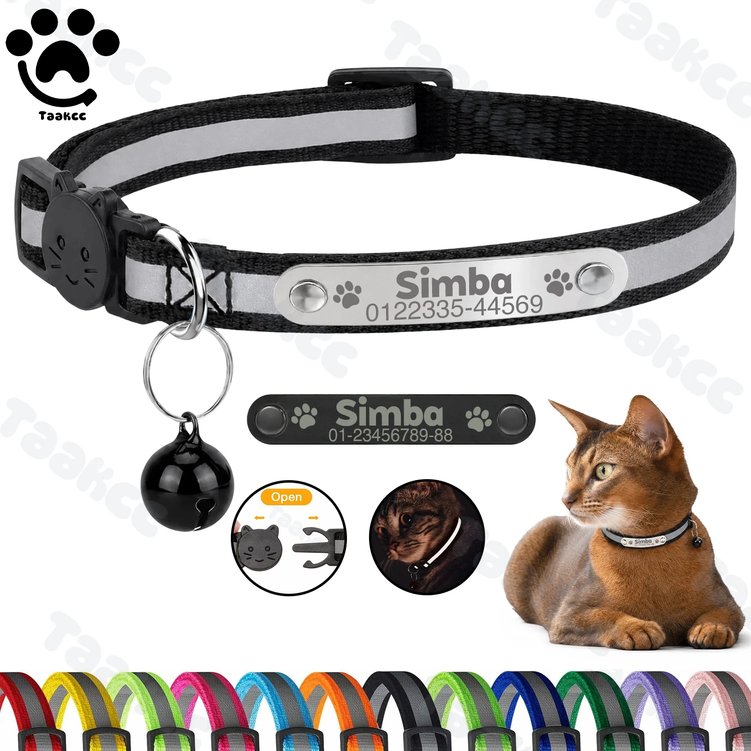 Collier réfléchissant personnalisé pour chat avec identification, boucle de sécurité réglable et clochette, gravure gratuite, en nylon, pour chiots et chatons