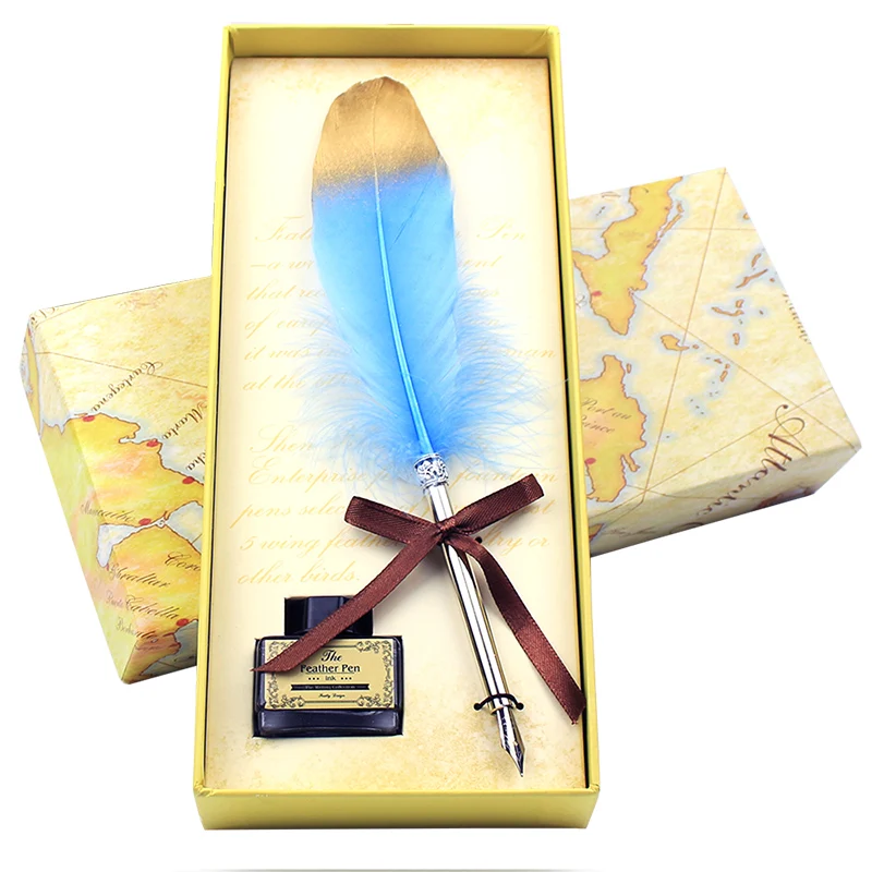 FEATTY-Golden Feather Pen Set, papelaria, material escolar e de escritório, caixa de presente bonita