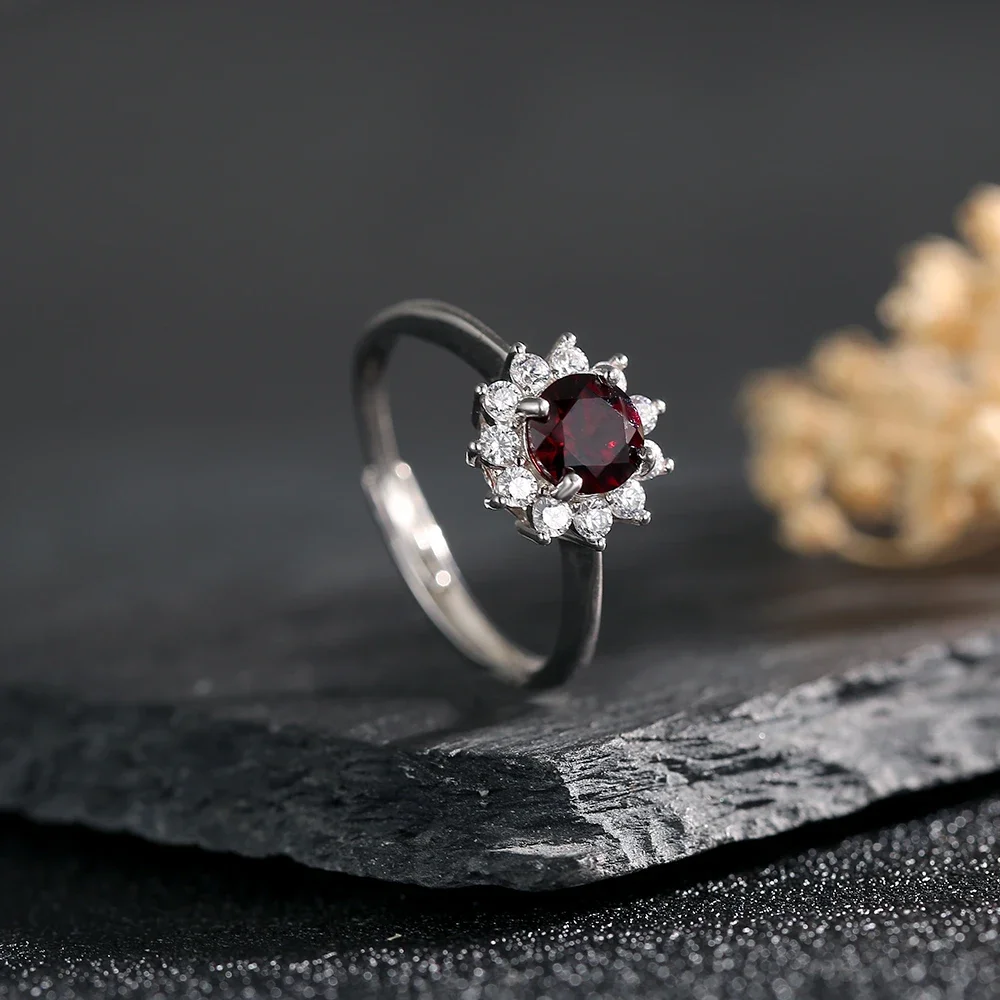 

Natural Garnet Ring 925 Sterling Silver Adjustable Floral Open Bands for Engagement Wedding Gemstone Birthstone Jewelry