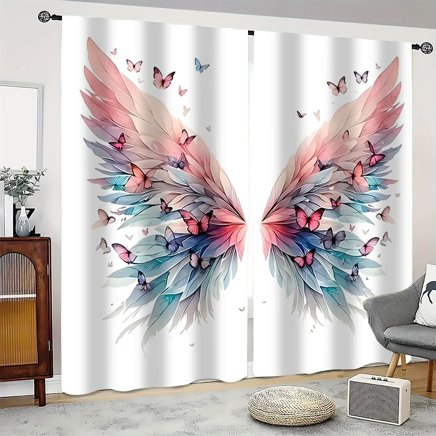 2pcs Angel Wings Butterfly Curtains Colorful Feather Window Drapes Cute Fantasy Decor Living Room Bedroom Girls Room