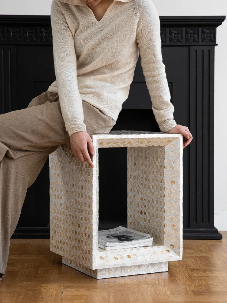 Luxury Natural Shell Coffee Table Hollow Cube Design Tables Handmade Shell Inlay Storage Night Stand Home Furniture Stool