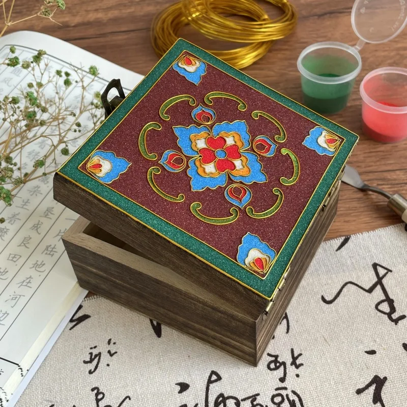 10cm Classic pattern jewelry box filigree enamel diy material. Wooden storage box. Handmade team building activity souvenirs