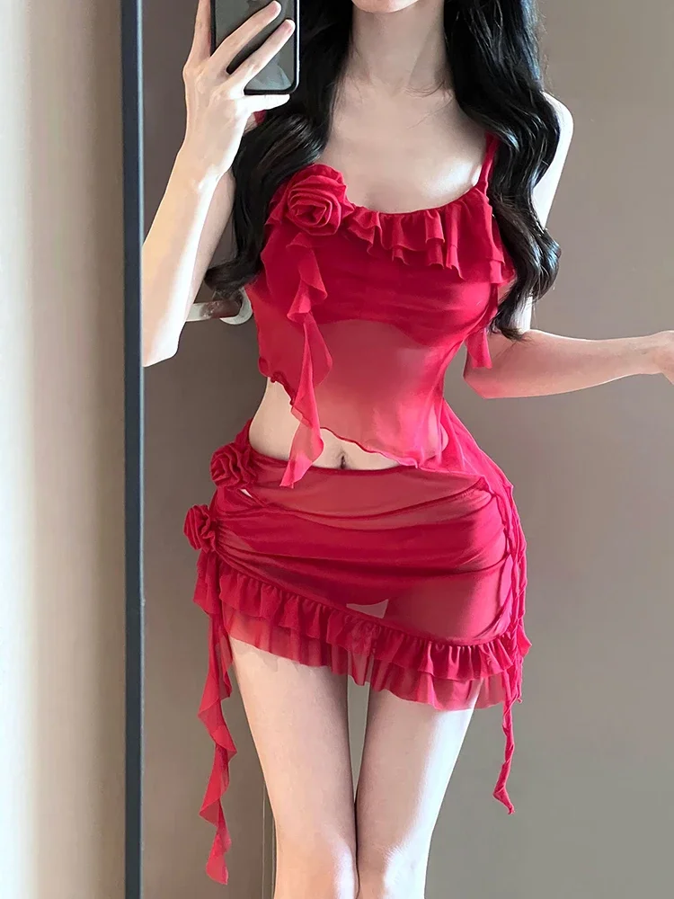 OIINAA maillot de bain femmes licou à volants maillot de bain fendu rouge décor fleuri maillots de bain Spice Girls Cover-Up jupe portefeuille été 2025 nouveau