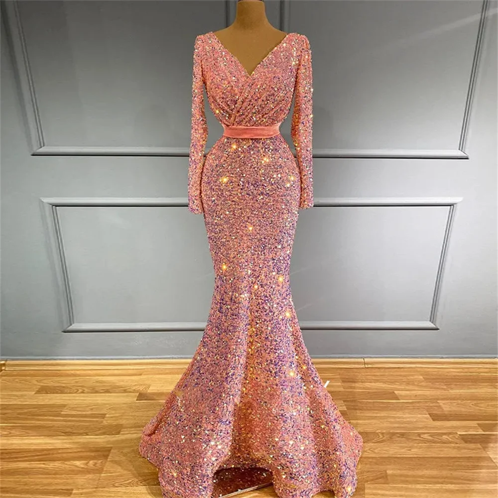 

New V-Neck Evening Dress Long Sleeves Shiny Sequin Mermaid Floor-Length Prom Dress Women Cocktail Gown 2024 Special Party Dress