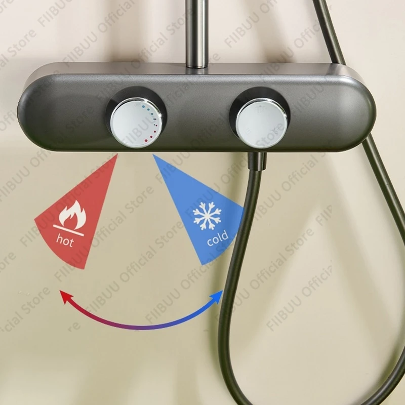 현대적인 세련된 샤워 시스템 온도 조절 가능한 다기능 샤워 헤드 콤보 가압 홈 욕실 라운드 샤워 헤드