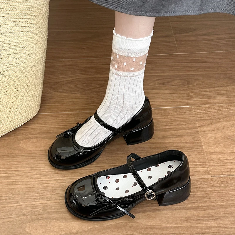 Women's Autumn Round Head Side Bow Non-Slip Wear-Resistant Block Heel Single Shoes