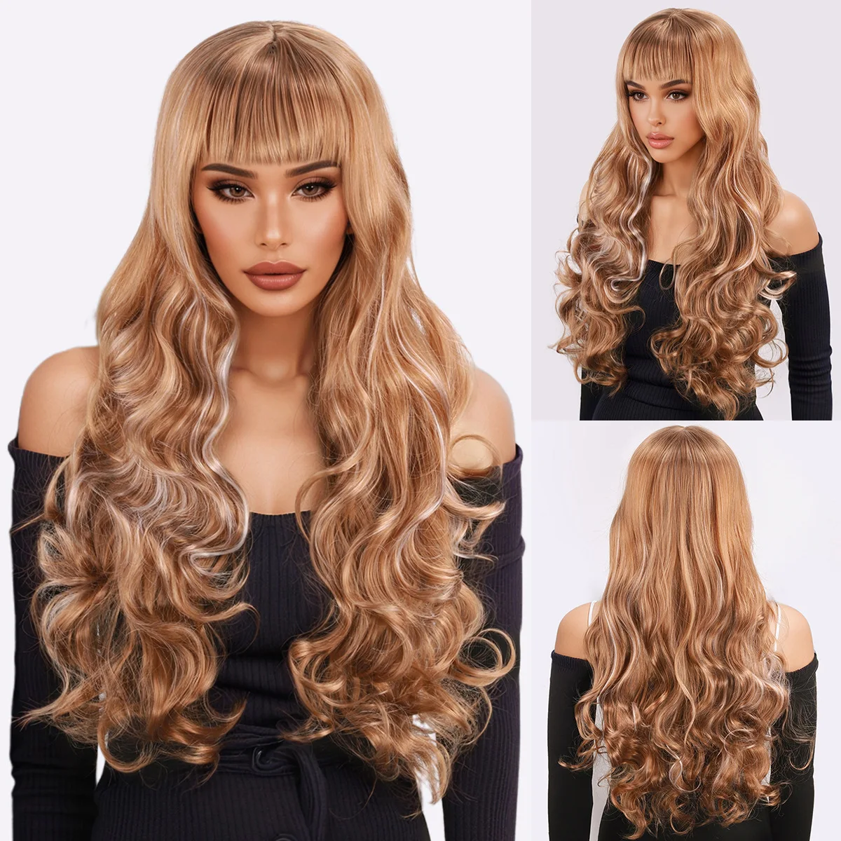 

Europe and the United States popular golden brown wig headgear gradual change color wig long curly hair fashion layered Qi bangs