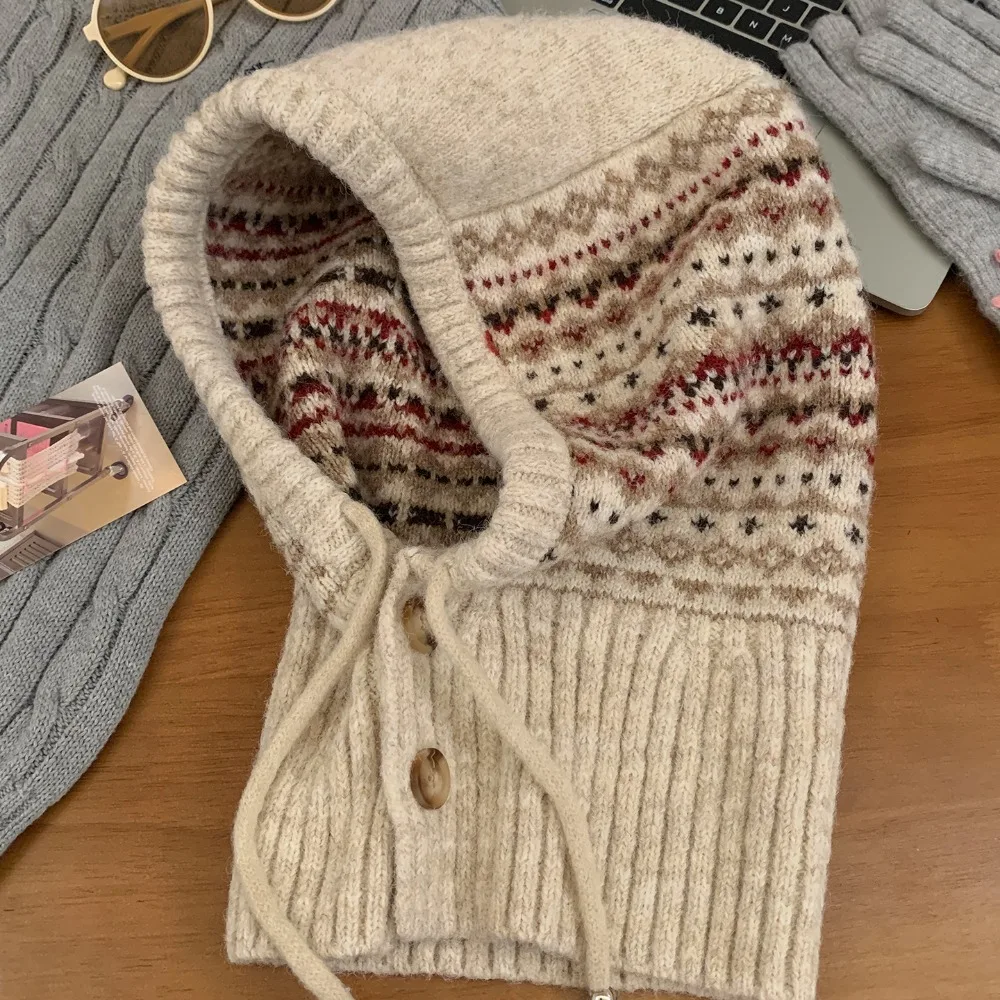 

Warm Pullover Hat Jacquard Balaclava Hat Printed Red Ear Protection Hat Thickened Simple Winter Cap Winter/Autumn