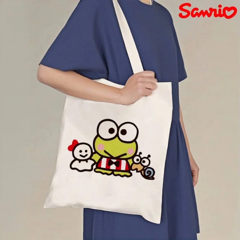 1pc Cute Keroppi Canvas Shoulder Bag, Double-sided Print Large Capacity Daily Casual Travel Shopping Tote Bag
