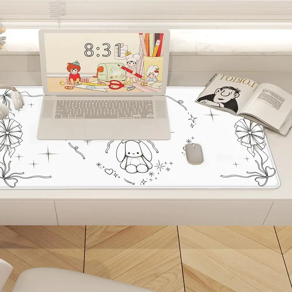 HYBXAXC White Desk Mat Cute Mousepad Kawaii Bunny Desk Mat with Anti-Slip Base, Ideal for Daily Office Work and Gaming