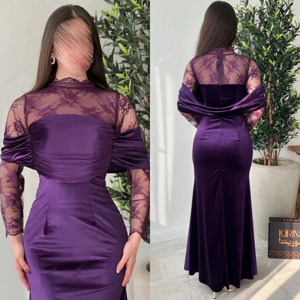 

Customized Elegant Retro Velour Pleat Ruched Draped Lace Mermaid High Collar Midi Dresses Evening Dresses Sizes Available Casual
