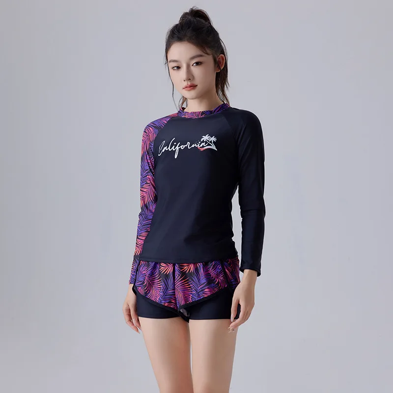 

Korean Two Piece Swimsuit Print Swimwear Women Tankini Long Sleeve Bathing Suit High Waist Shorts Beachwear Sports Surfing Suits