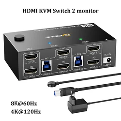 8K@60Hz HDMI2.1 KVM Switch for 2 Computer Share 2 Monitors and 3 USB3.0+1 USB C Devices,Wired Remote and USB Cables Included