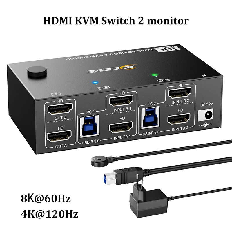 8K@60Hz HDMI2.1 KVM Switch for 2 Computer Share 2 Monitors and 3 USB3.0+1 USB C Devices,Wired Remote and USB Cables Included