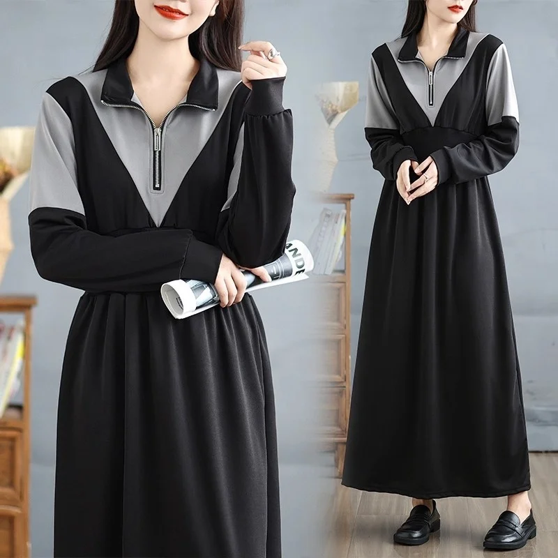 

Платье-свитшот в ленивом стиле с длинным рукавом и цветными блоками, искусственное платье из двух предметов, осень, весна 2026, модное женское платье с воротником на молнии w1496