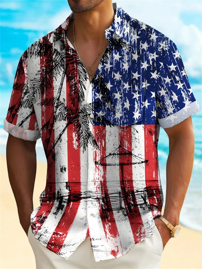 

2025 Fashion and Leisure Rainbow Glass Pattern Printed Short Sleeve Shirt for Men in Summer, Loose and Casual Sports