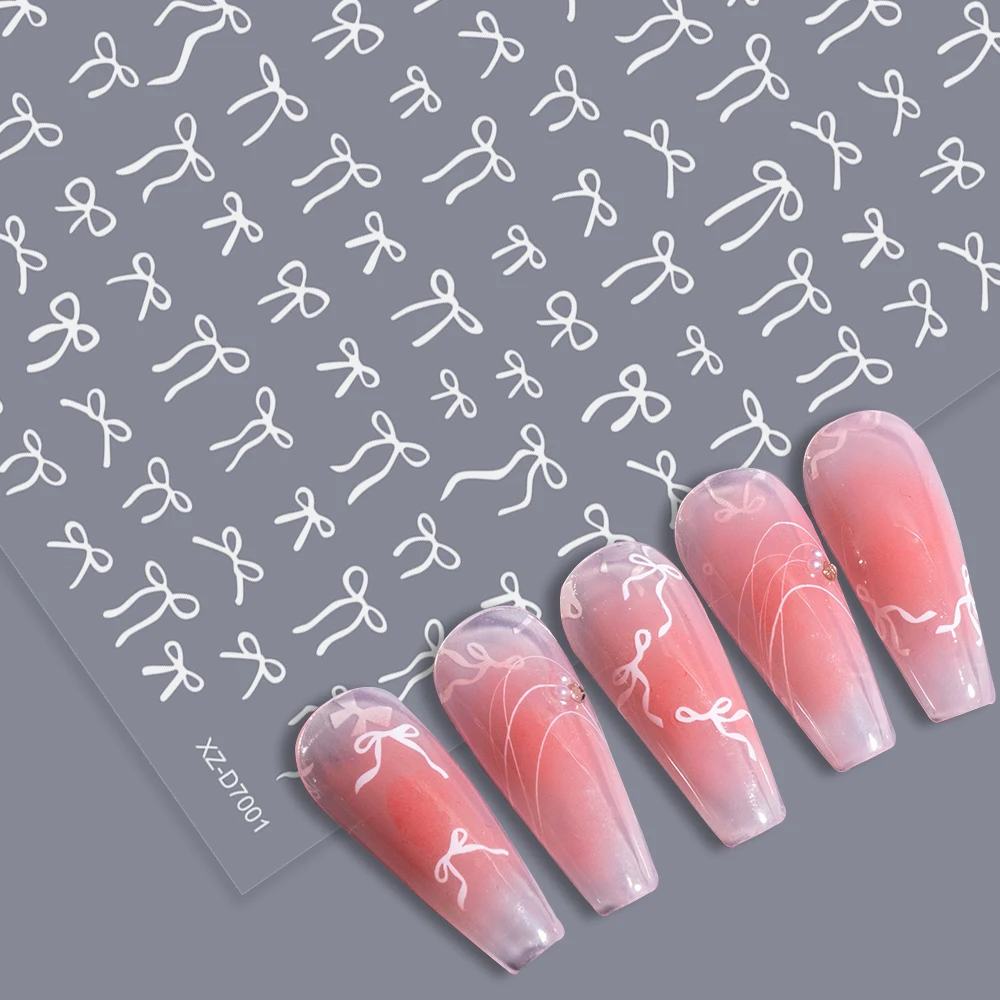 12개입 화이트 리본 하트 네일 아트 스티커 10X8cm 셀프 접착 리본타이 러브 하트 네일 데칼 프렌치 팁 매니큐어 슬라이더 스티커