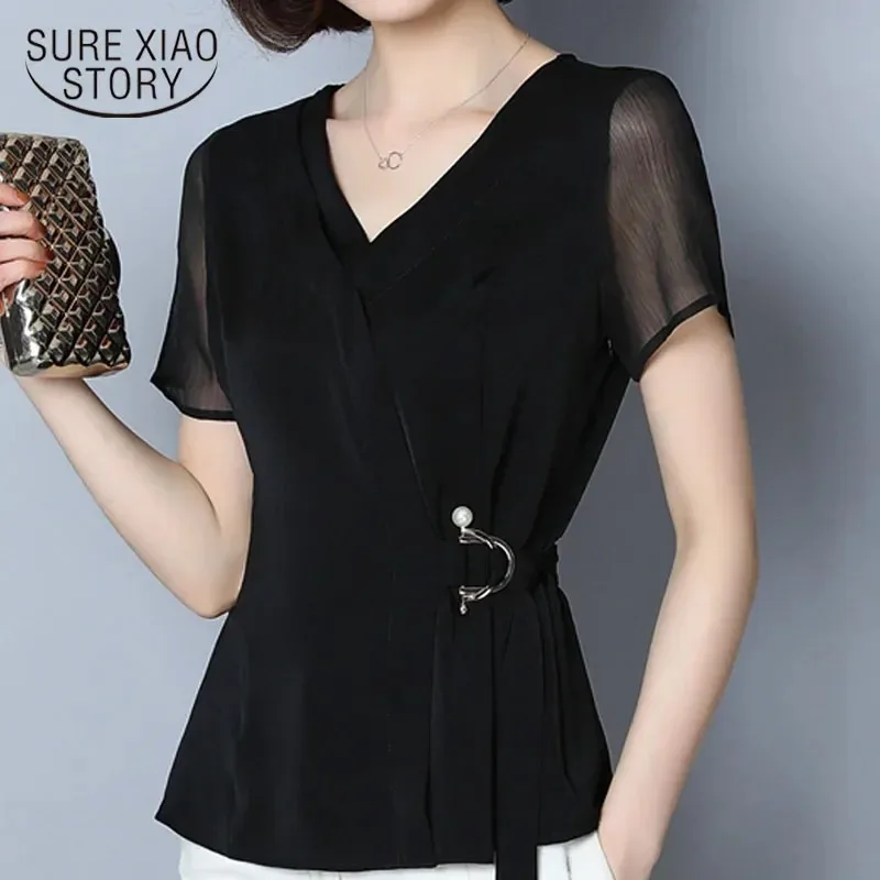 Women Blouse and Tops Black Shirts Blouses Summer Women Ladies Tops Beading Chiffon Blouse Short Sleeve V-Neck 2882 50