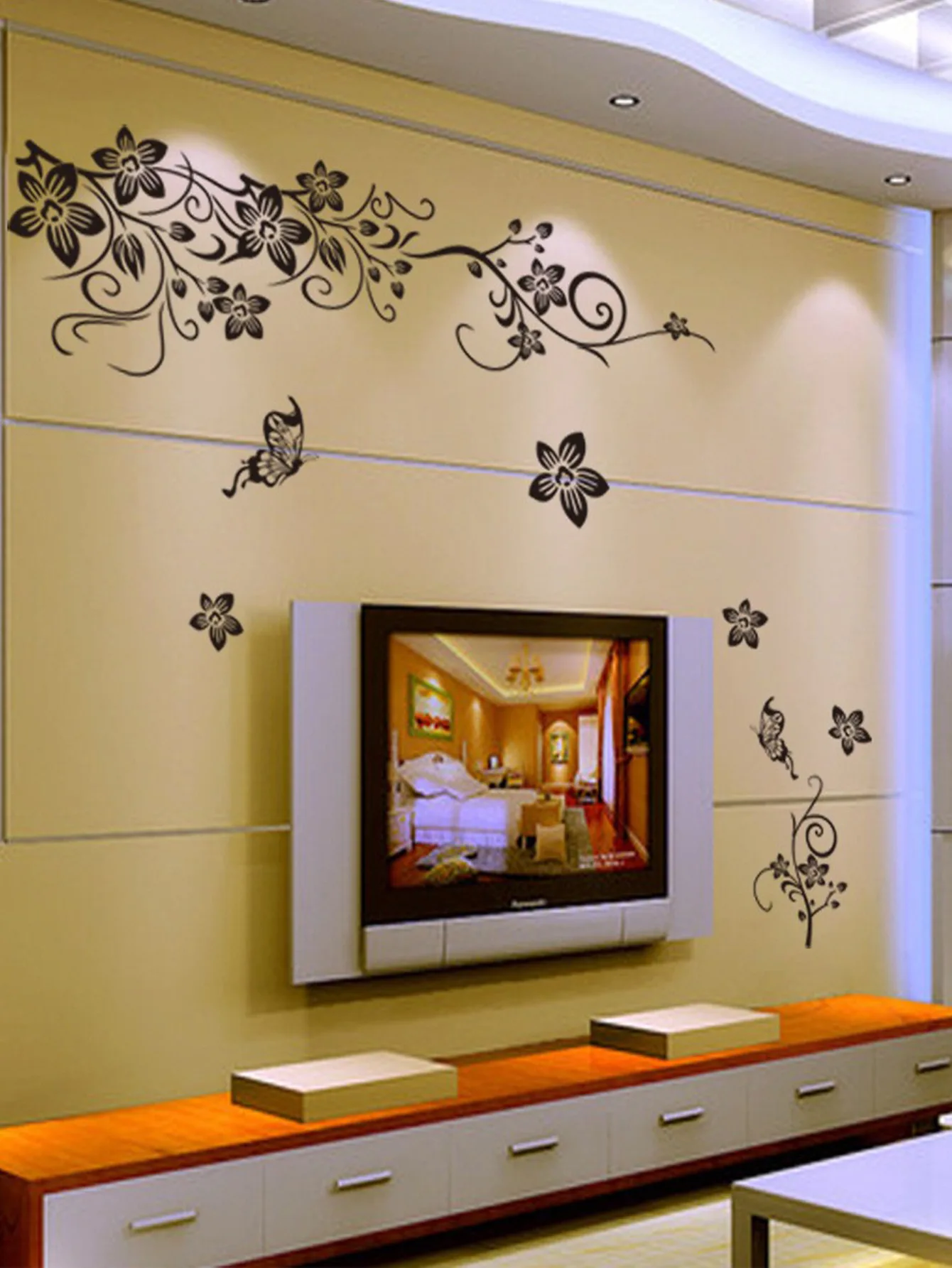 Schwarze Blumenranken, Schmetterlingsfliegen, Vinyl-Wandaufkleber, selbstklebend, für Okzident, Zuhause, Wohnzimmer, TV-Hintergrunddekoration – Detail 5