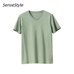 Summer Men Mulberry Silk Mercerized Cotton T Shirt V-neck Loose Short Sleeve Basic T-shirts 7%Silk