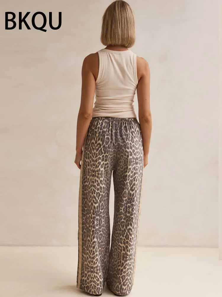 กางเกงยีนส์ลำลองลายเสือดาว BKQU สำหรับผู้หญิง เอวสูง Y2k ลายทางย้อนยุค แฟชั่นสตรีทแวร์ ทรงหลวม ขากว้าง ผ้าเดนิม ฤดูใบไม้ร่วง 2025
