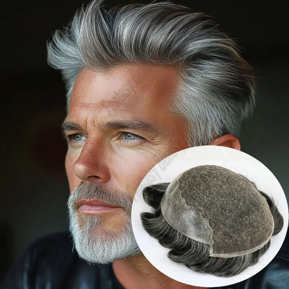 

Breathable Q6 Men's Toupee Human Hair 1B65 1B80Grey Black Hair Natural Hairline Bleach Knots Swiss Lace&PU Capillary Prosthesis
