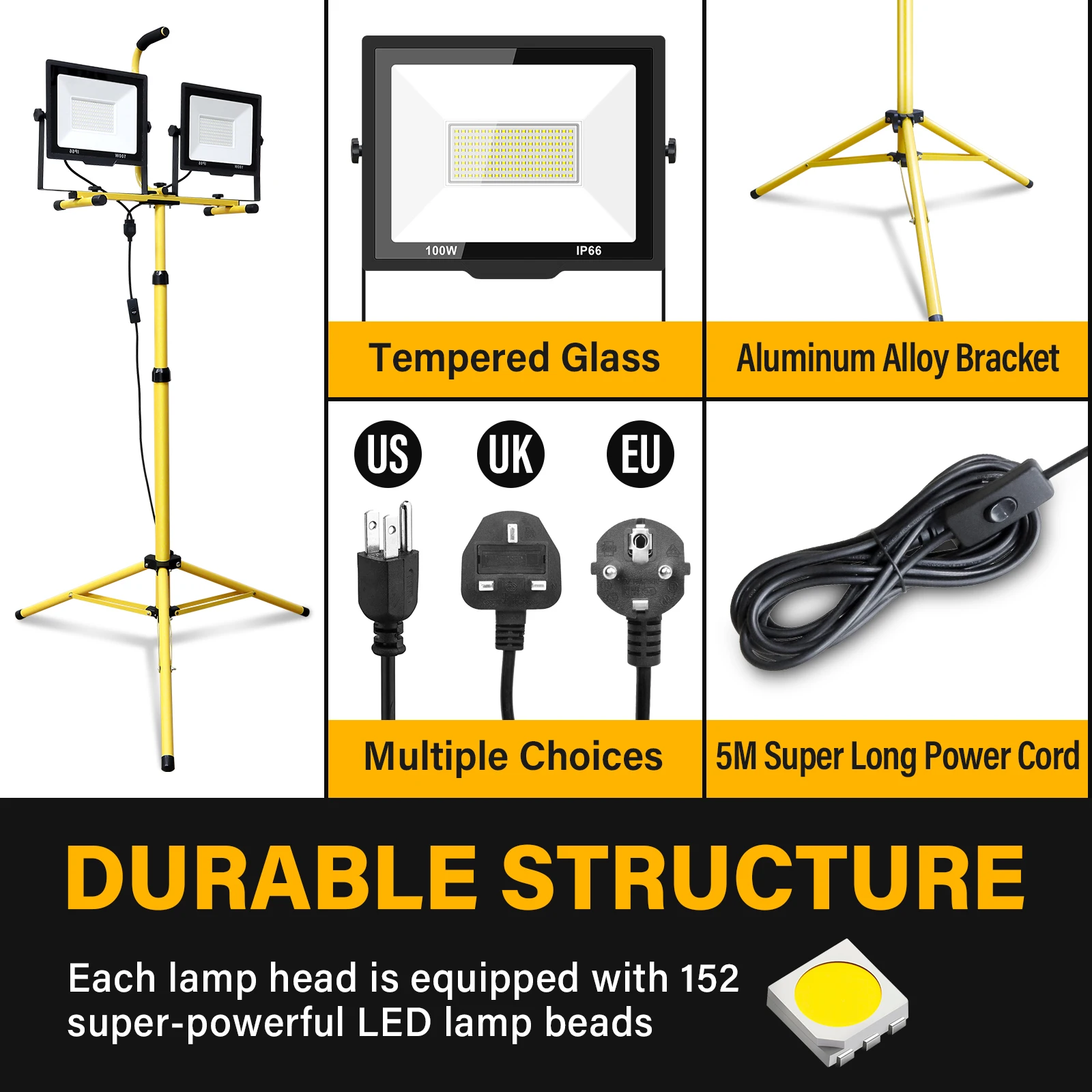 SKYWORLD LED Flood Light 2X100W 5000K led Work Light with 100in Adjustable Metal telescoping Tripod Stand Indoor Outdoor IP66