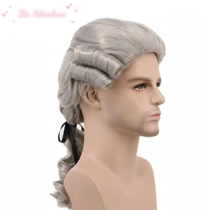 Grey White Black Lawyer Judge Baroque Curly Male Costume Wigs Deluxe Historical Halloween Long Synthetic Cosplay Wig + Wig Cap