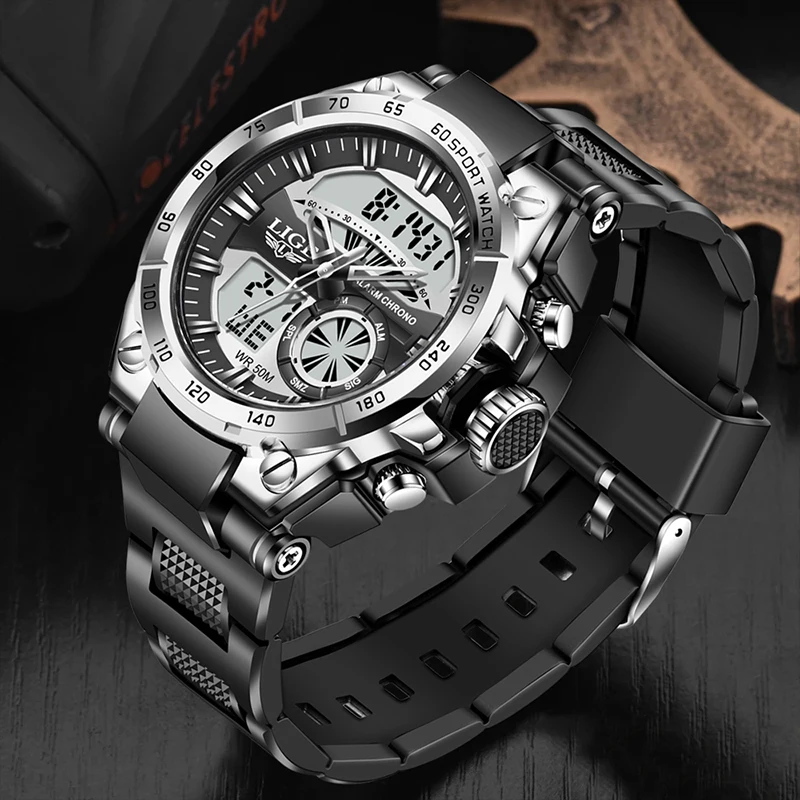 LIGE 2024 men\'s watch 50m waterproof sports quartz watch LED large dial digital dual display watch watches for men reloj hombre