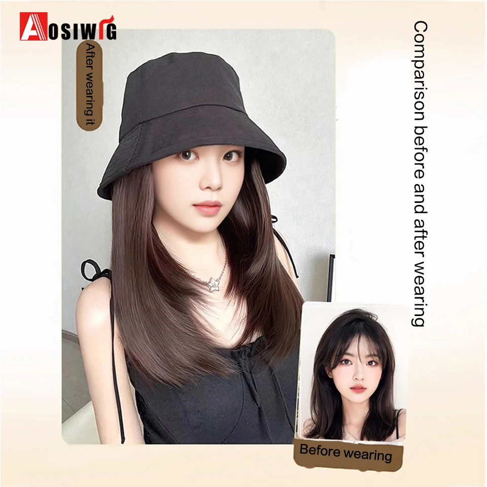 AOSI Synthetic Long Hair White Hat Wig Integrated style Long Straight Hair Fisherman Hat Summer Sunshade Hat Wig Women Hat WIg