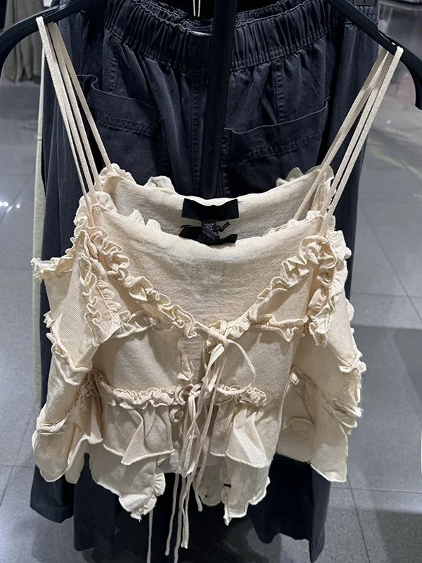 Summer New Sweet Pure Desire Sle V-Ne Knitted Strap Top with Lace Trim ort Length Women's Vest Tops Faion 2025