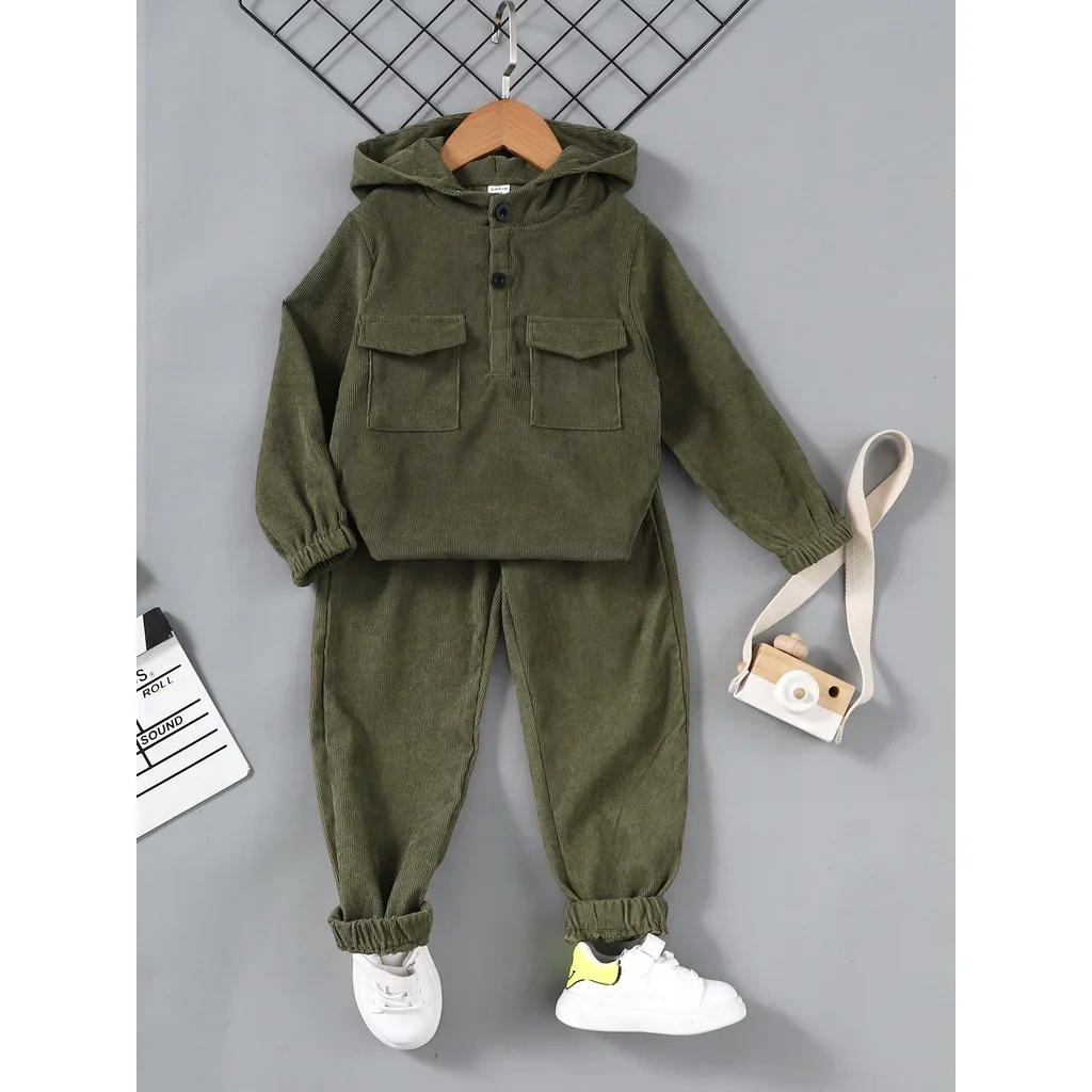 2PCS Spring and Autumn Kids Boy Clothes Set Pocket Style Hooded Long Sleeve Tops+Pants Fashion Outfit for Children Boy 4-7 Years