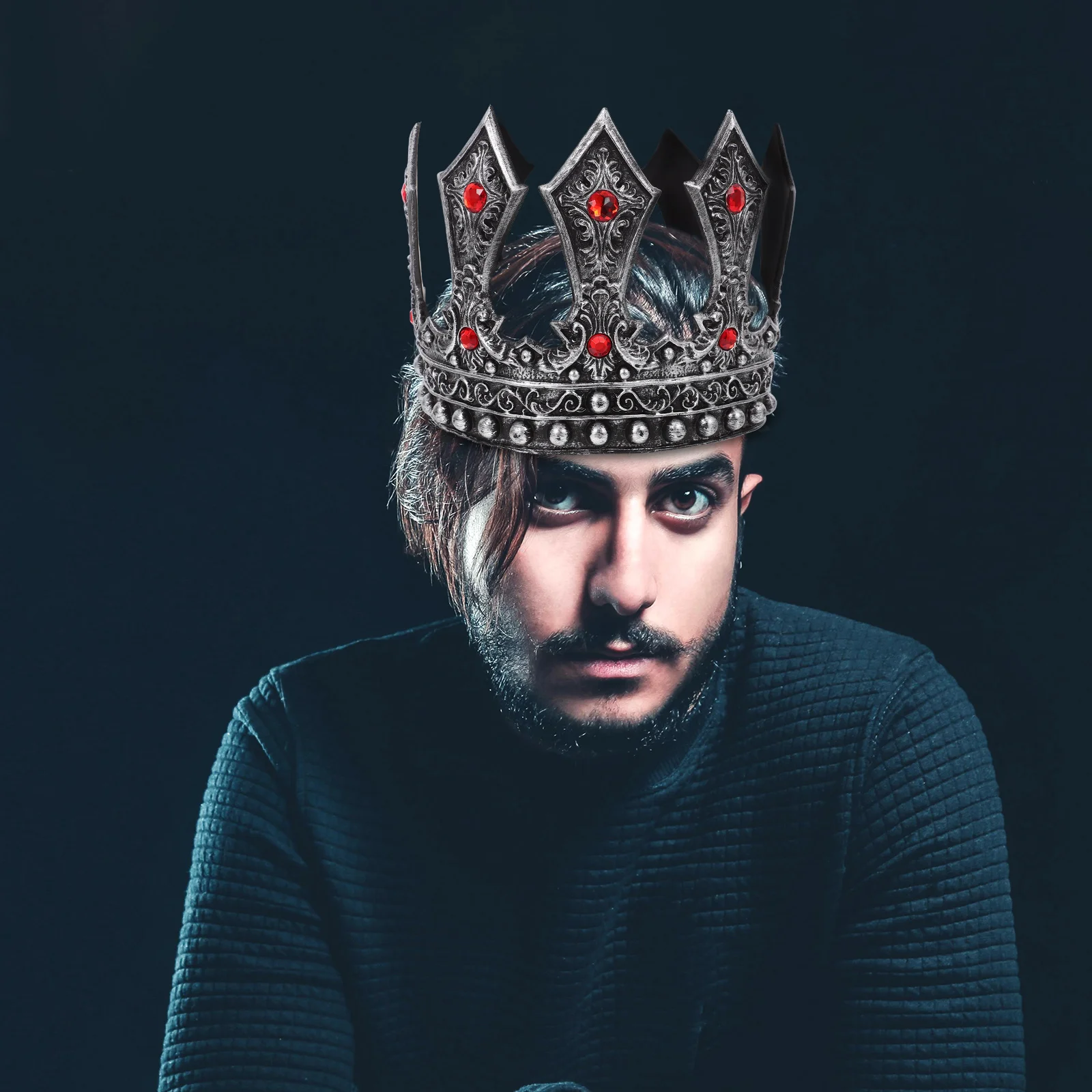 

Rhinestone King Crown Adjustable Medieval Headdress For Men Boys Party Wedding Halloween Cosplay Props Hair Styling