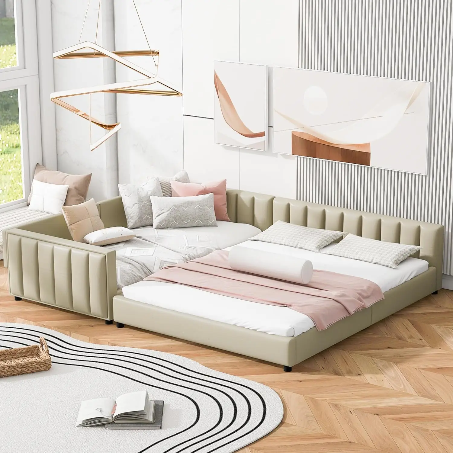 Cama con plataforma tapizada tamaño Queen y Twin Xl, cama con conexión a tierra para madre e hijo de cuero Pu de diseño elegante con barandilla de seguridad