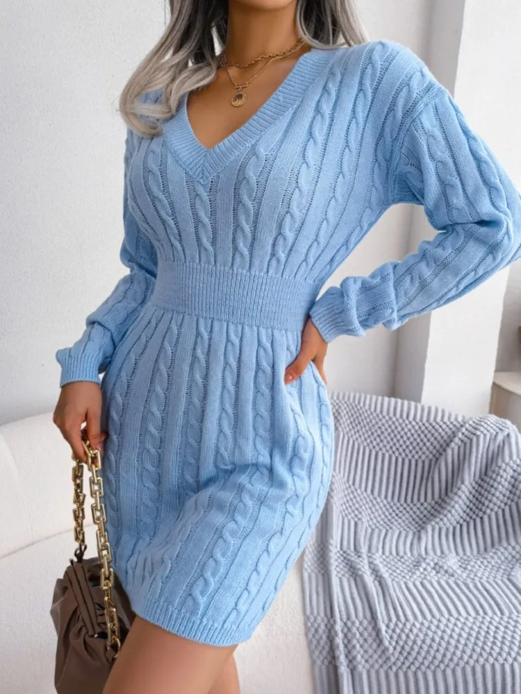 

Autumn And Winter Fashion Waist Hemp Flower Wrap Hip Dress Women's Temperament Elegant V-neck Long-sleeved High-waisted Dresses