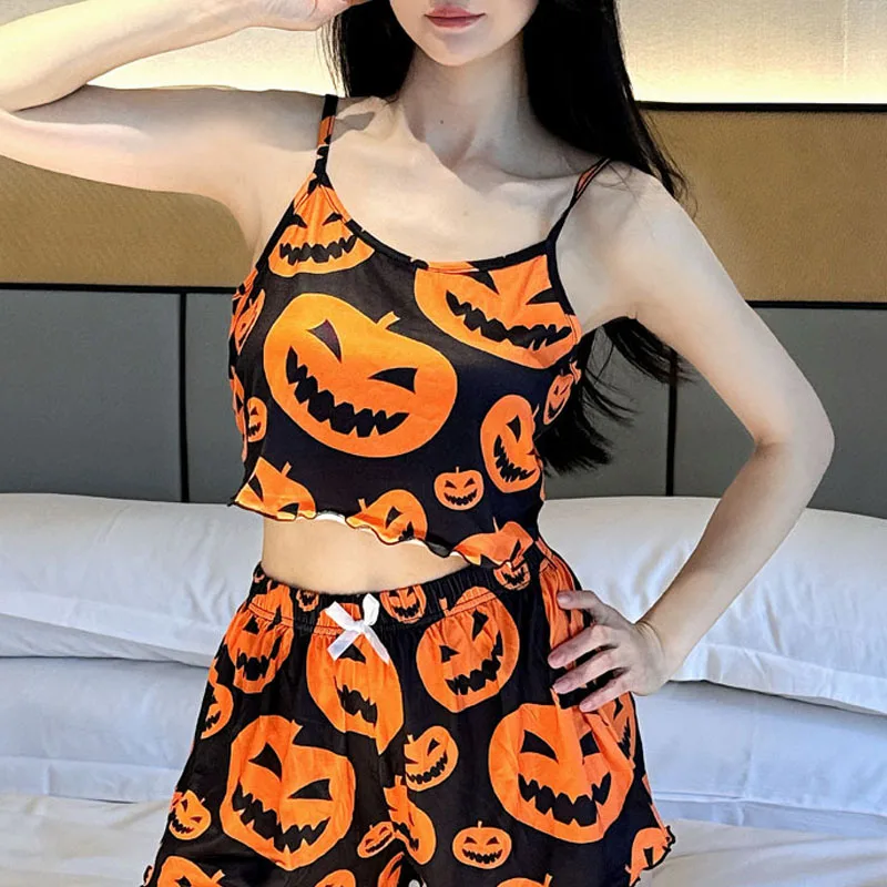 

Night Wear Women Sexy Halloween Pajamas Pumpkin Print Set Slip Loungewear Large Size 2 Piece Set Sleeveless Sleepwear Suspender