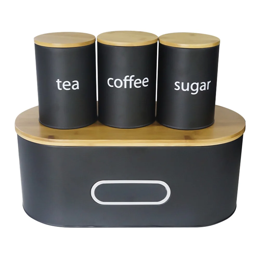 

Kitchen Pastry Storage Container with Set of 3 Round Coffee Sugar Tea Jar; Bread Bin Organizer with Bamboo Lid for Large Size