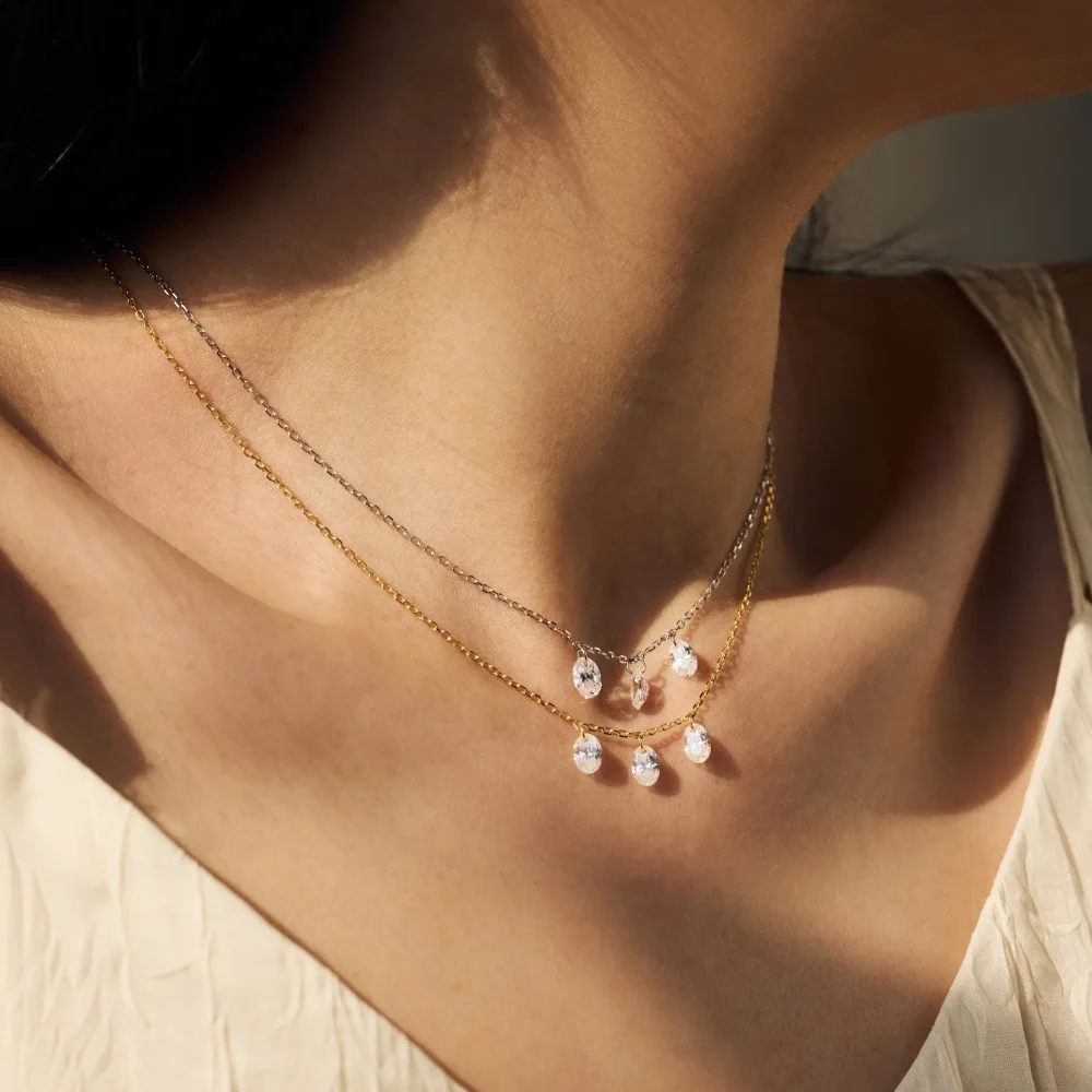 

CCFJOYAS 100% 925 Sterling Silver Shining Three Oval Zircon Pendant Necklace for Women Simple Wedding Party Collarbone Chain
