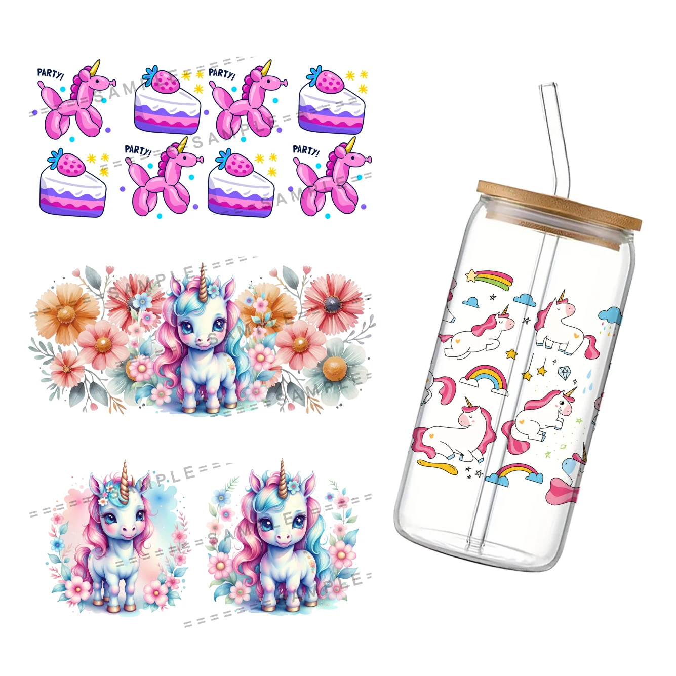 Cute Cartoon Unicorn For Libbey 16oz Can Glass 3D Waterproof UV DTF Coffee Can Wrap Libbey Glass Wrap