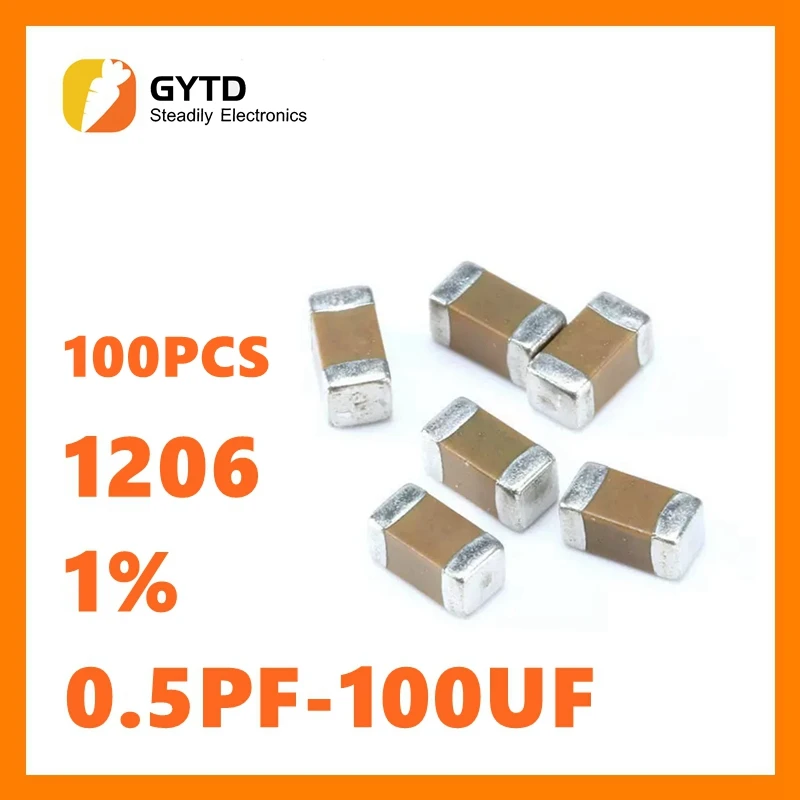 

100pcs 1206 50V SMD Thick Film Chip Multilayer Ceramic Capacitor 0.5pF-100uF 10NF 100NF 1UF 2.2UF 4.7UF 10UF 1PF 6PF