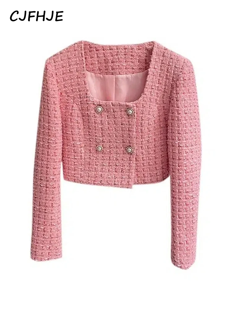 

CJFHJE Autumn High Quality Ladies Jacket French Fashion Pink Square Neck Pearl Button Bright Silk Tweed Fragrant Coat Women's