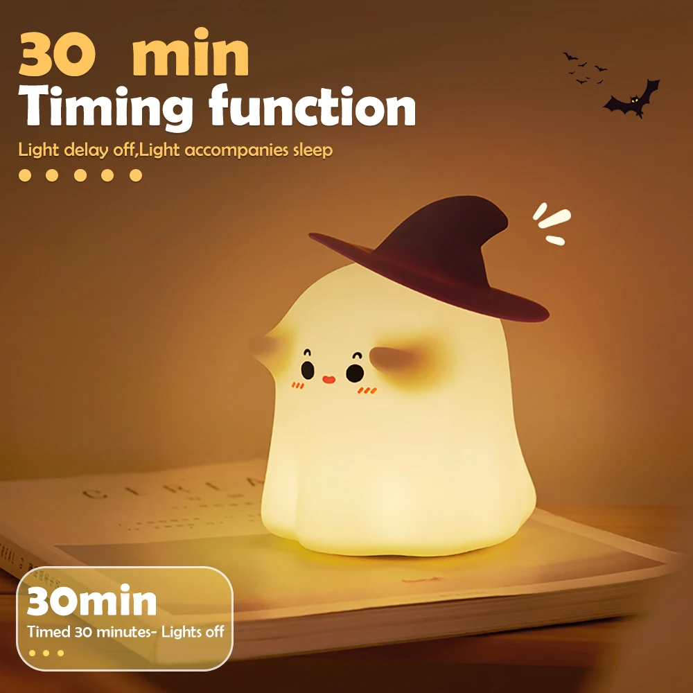 Cute Ghost Night Light 3 Brightness Rechargeable Timing Sleeping Nightlights Kawaii Cordless Touch Lamp For Kids Room Decor