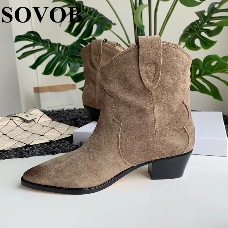 

New Spring Autumn Pointed Toe Chunky Short Boots Women's Solid Color Versatile Western Cowboy Boots British Style Ankle Boots