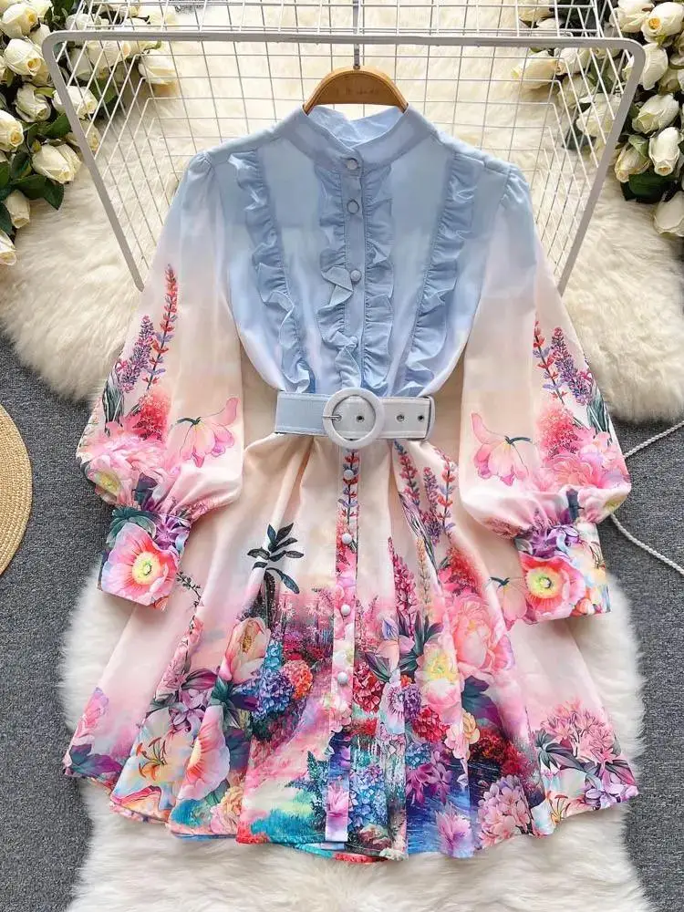 

Autumn Elegant Gradien Short Dress Women's Linen Stand Long Lantern Sleeve Flower Print Ruffles Buttons Sashes Mini Vestidos